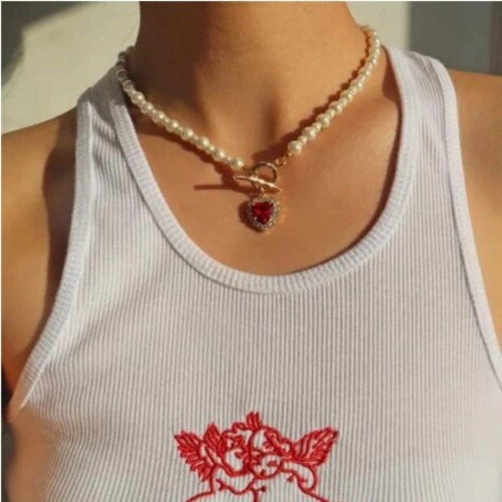 Pearl Ruby Heart Toggle Choker Necklace